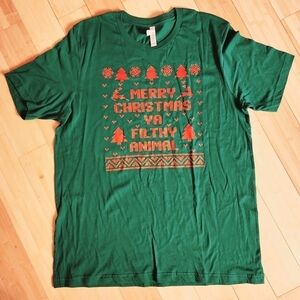 Merry Christmas Ya Filthy Animal T-shirt Tee Men's XL 100% Cotton Green Red EUC